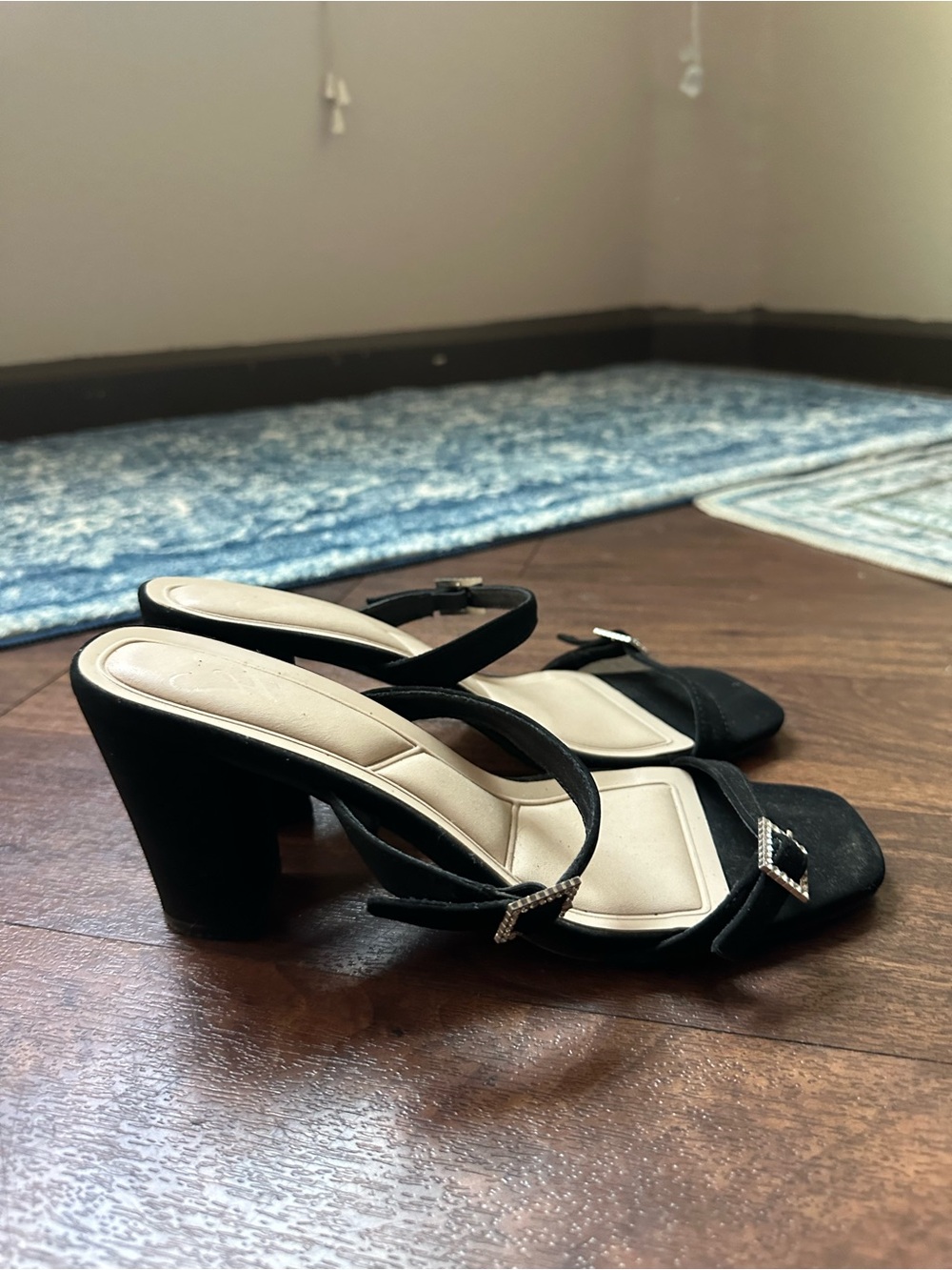 Windsor Black Strappy Block Heel Sandals with Rhinestone Buckles
